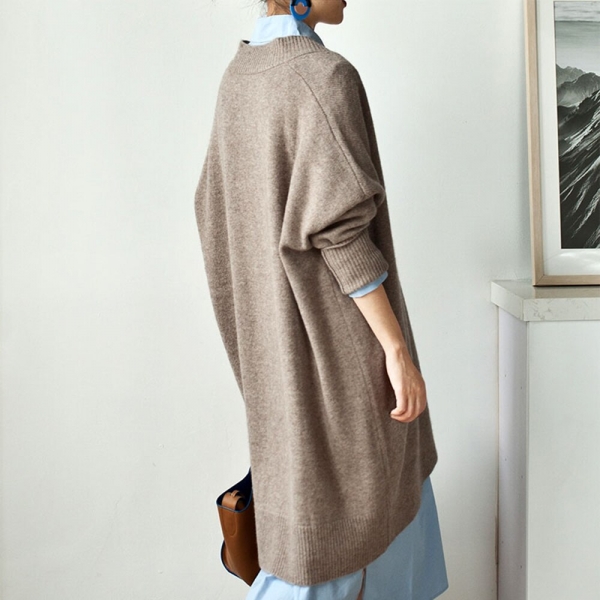 New V-neck Long Solid Color Loose Casual Japanese Style Women's Clothing