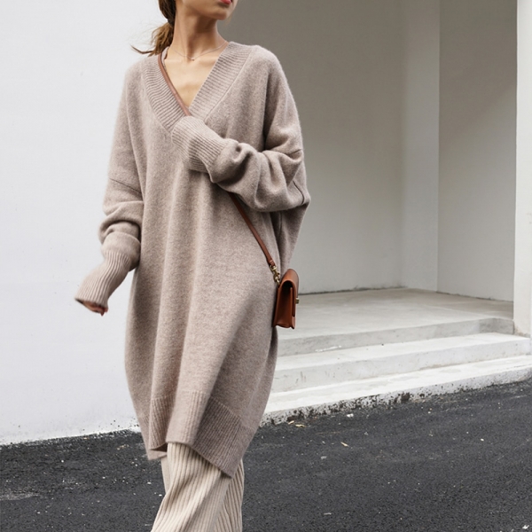 New V-neck Long Solid Color Loose Casual Japanese Style Women's Clothing