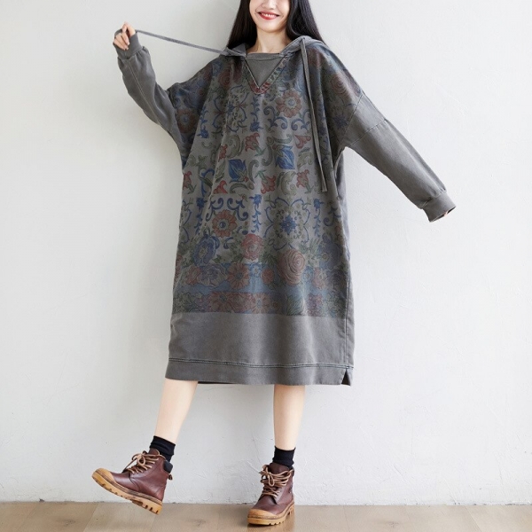 Retro Patchwork Print Denim Hooded Long Sleeve Dresses
