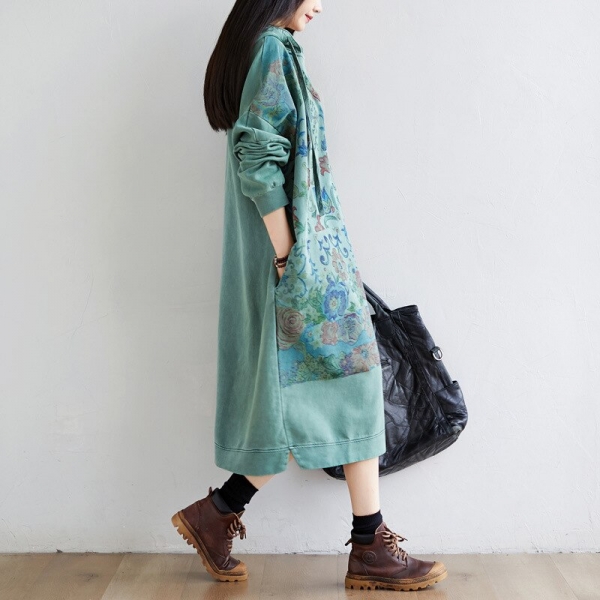 Retro Patchwork Print Denim Hooded Long Sleeve Dresses