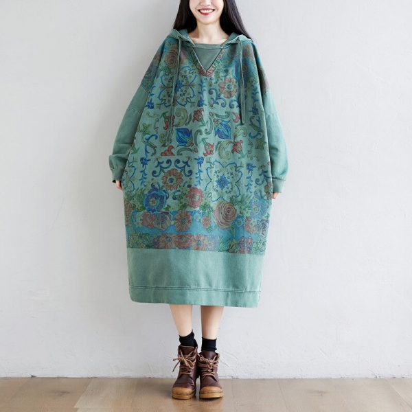 Retro Patchwork Print Denim Hooded Long Sleeve Dresses