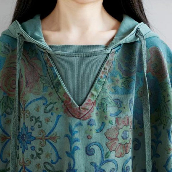Retro Patchwork Print Denim Hooded Long Sleeve Dresses