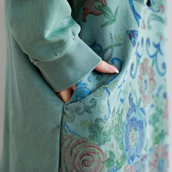 Retro Patchwork Print Denim Hooded Long Sleeve Dresses