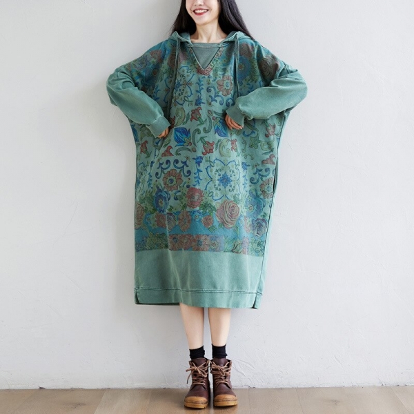 Retro Patchwork Print Denim Hooded Long Sleeve Dresses